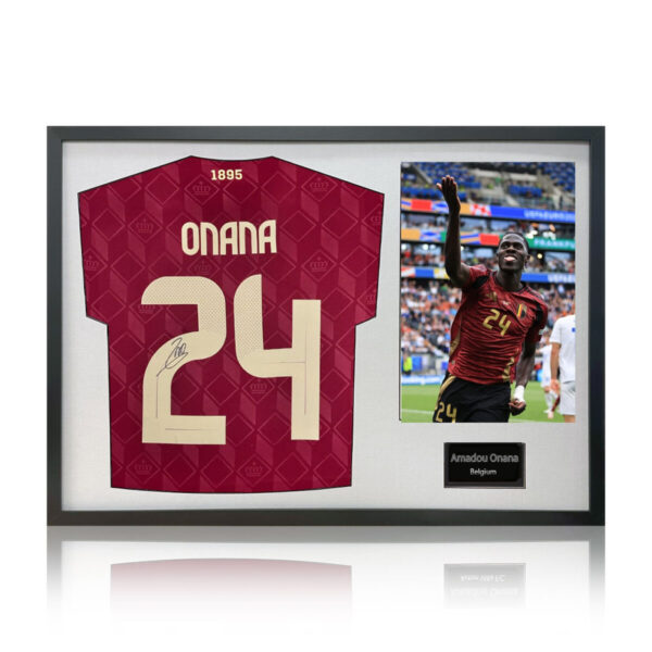 Amadou Onana Signed Framed Belgium Football Shirt including 1 Photo, with White Mount