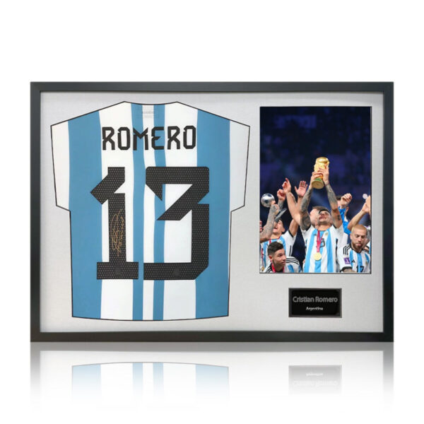 Christian Romero Signed Framed Argentina Football Shirt including 1 Photo, with White Mount