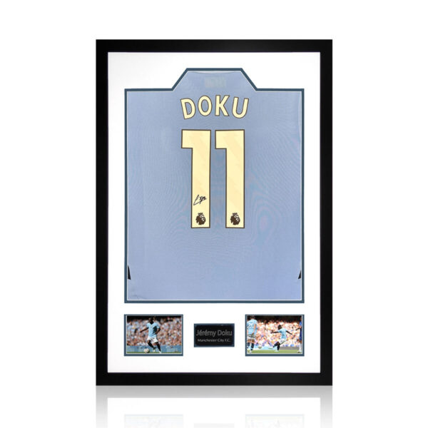 Jeremy Doku Signed Framed MCFC 24/25 Football Shirt including 2 Photos
