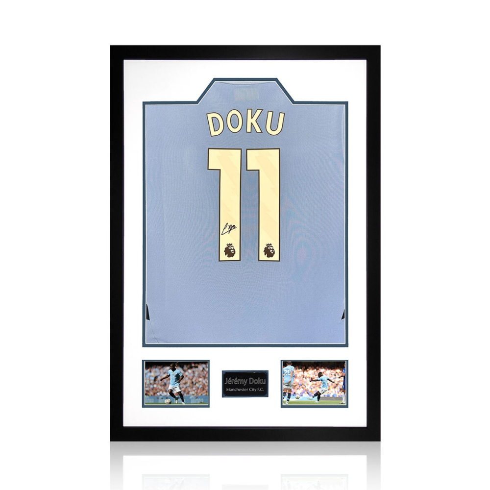 Jeremy Doku Signed Framed MCFC 24/25 Football Shirt including 2 Photos