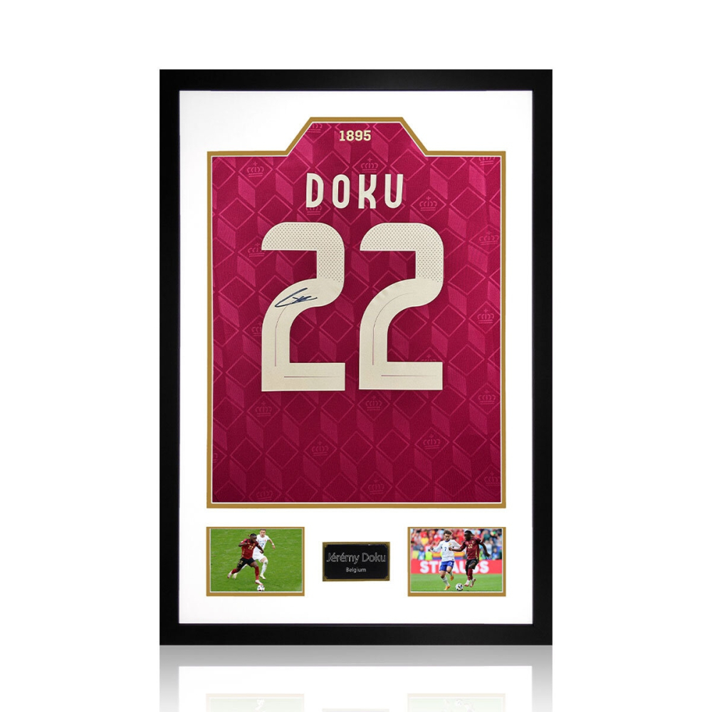 Jeremy Doku Signed Framed Belgium Football Shirt including 2 Photos