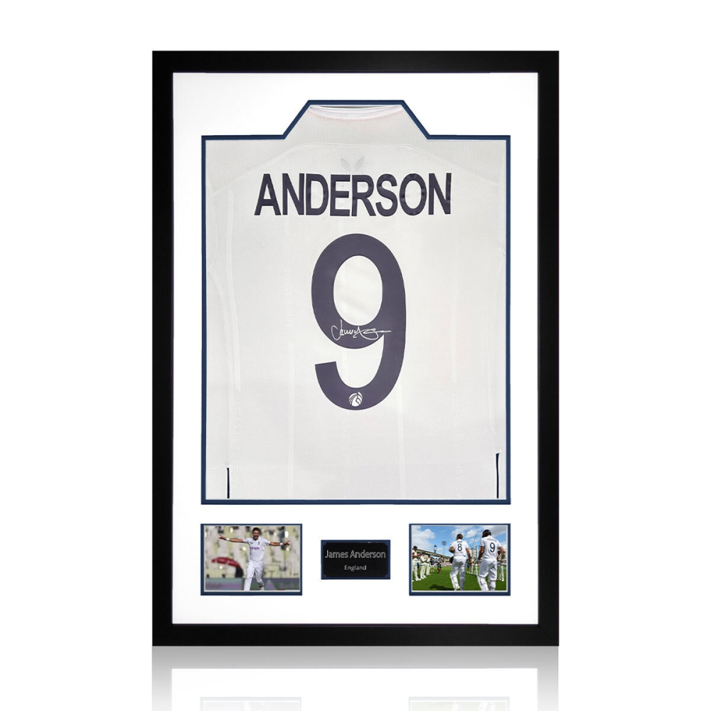 James Anderson Signed Framed England Cricket Shirt including 2 Photos