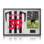Bruno Guimaraes Signed Framed Newcastle United Shirt including 1 Photo, with White Mount