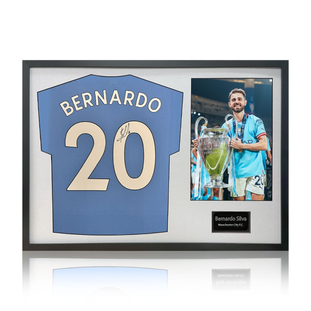 Bernardo Silva Signed Framed Manchester City Football Shirt including 1 Photo, with White Mount
