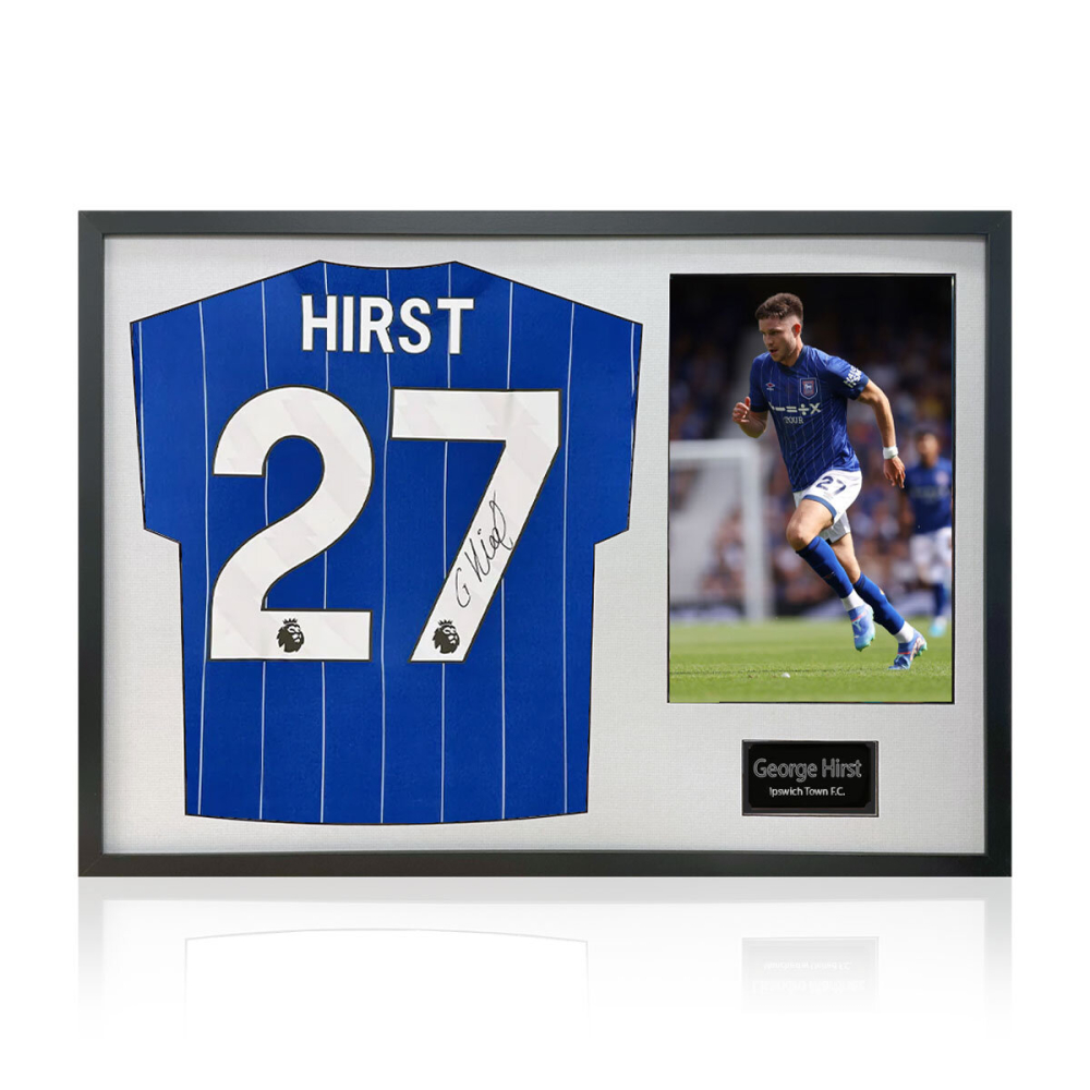 George Hirst Signed Framed Ipswich Town Football Shirt including 1 Photo, with White Mount