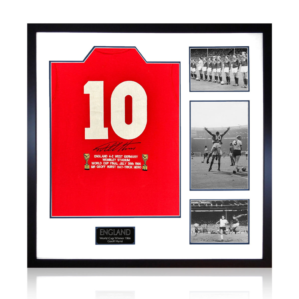 Geoff Hurst Signed Framed England Football Shirt including 3 Photos