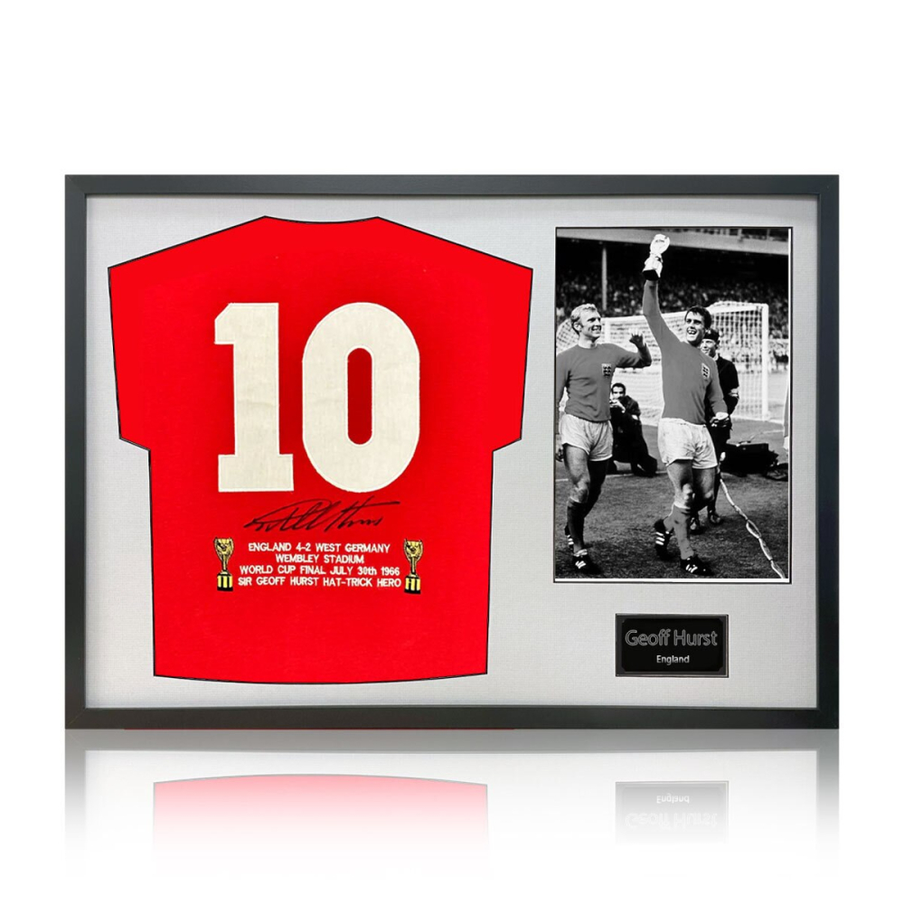 Geoff Hurst Signed Framed England Football Shirt including 1 Photo, with White Mount