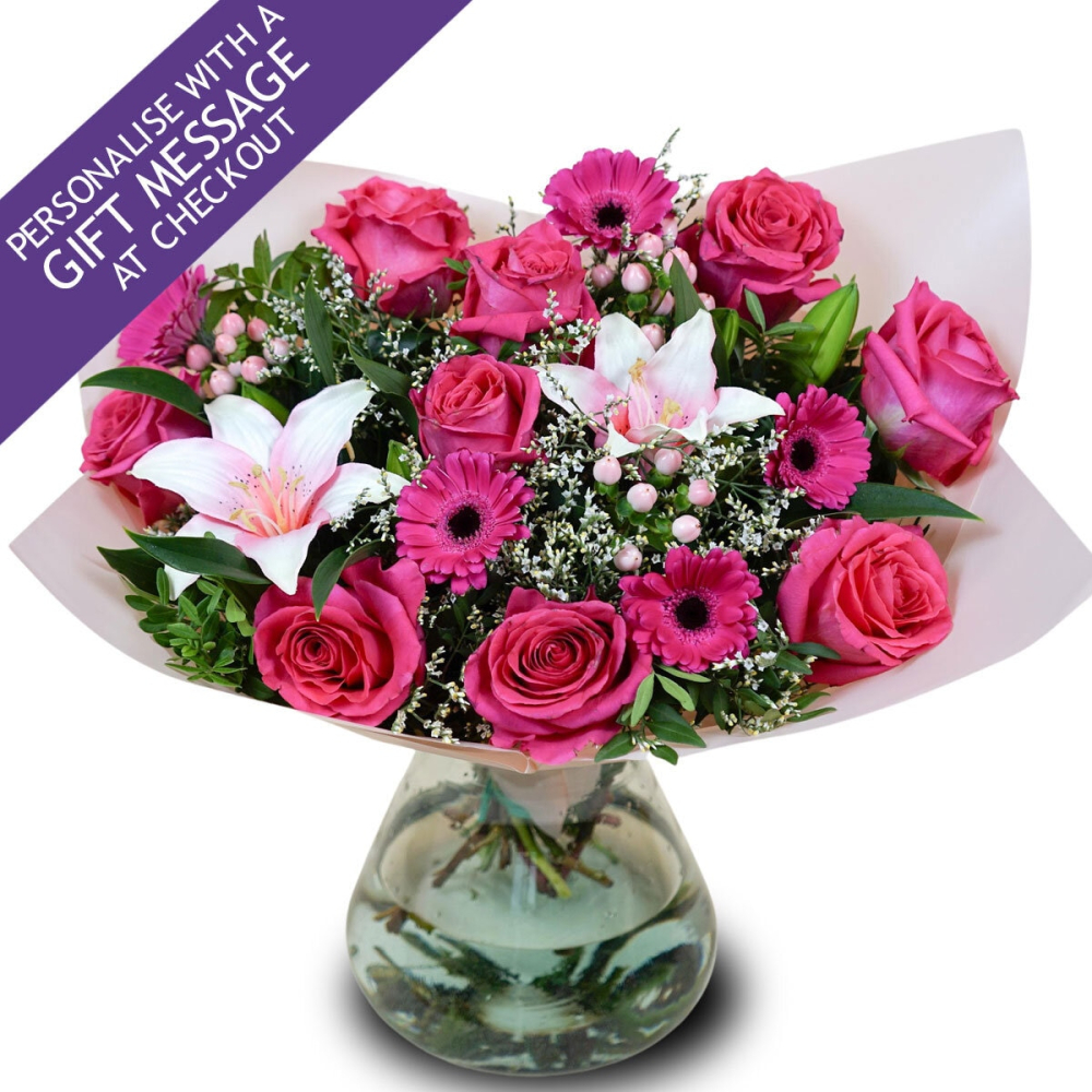 27 Stem Cerise Mixed Flower Bouquet with Greetings Card