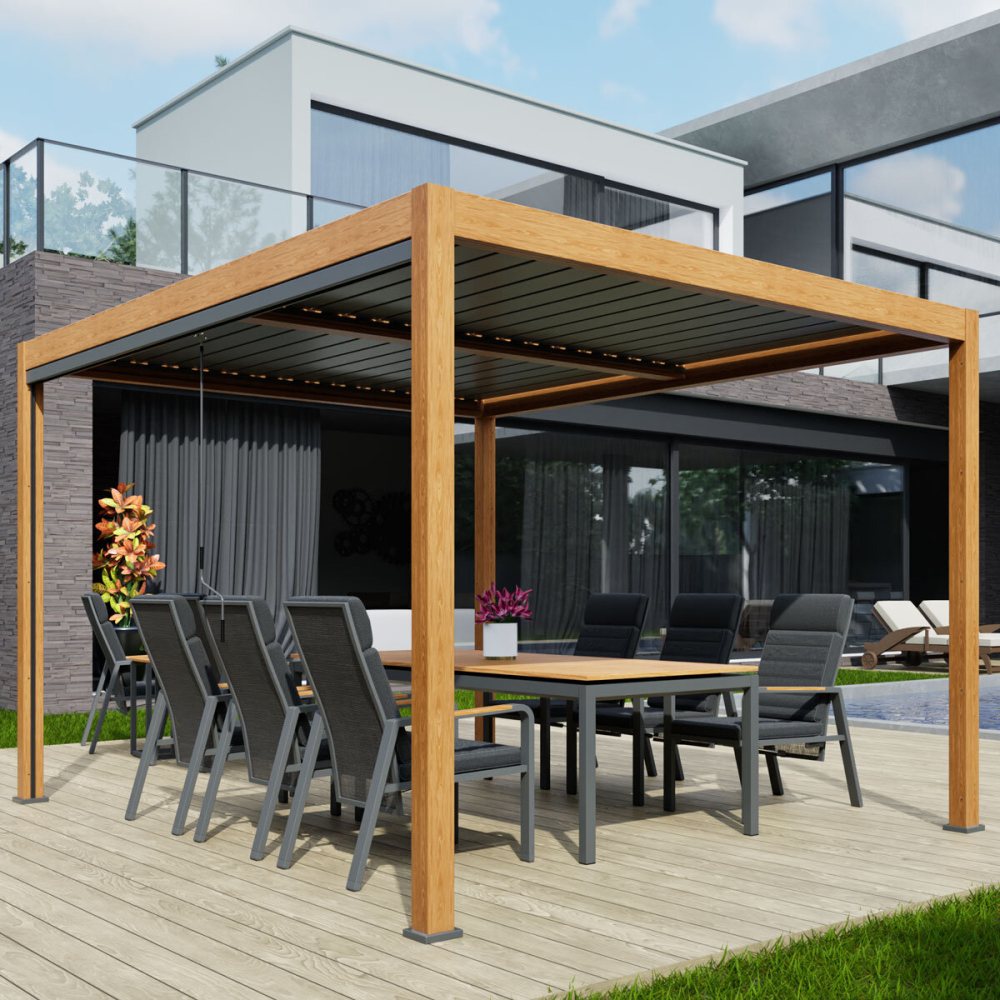 Alvivo 9ft 8" x 13ft 3" (3 x 4m) Wood-Look Louvered Aluminium Pergola Bundle with 3 Pull-Down Screens
