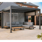 Alvivo 9ft 7" x 12ft 10" (2.9 x 3.9m) Louvered Aluminium Pergola Bundle with Pull-Down Screens & LED Lights