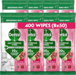 Dettol Antibacterial Multipurpose Cleaning Wipes, Pomegranate & Lime, 400 Wipes (50 x 8pck) Disinfectant, Biodegradable, 10X Cleaning power vs Water alone, Kills 99.9 Percent of Germs