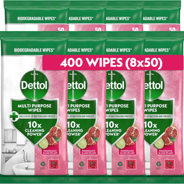 Dettol Antibacterial Multipurpose Cleaning Wipes, Pomegranate & Lime, 400 Wipes (50 x 8pck) Disinfectant, Biodegradable, 10X Cleaning power vs Water alone, Kills 99.9 Percent of Germs