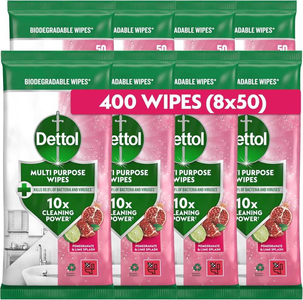 Dettol Antibacterial Multipurpose Cleaning Wipes, Pomegranate & Lime, 400 Wipes (50 x 8pck) Disinfectant, Biodegradable, 10X Cleaning power vs Water alone, Kills 99.9 Percent of Germs