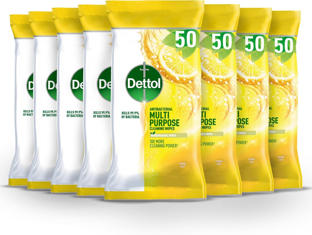 Dettol Antibacterial Wipes, Citrus, Total of 400 Wipes (8 Packs X 50), Biodegradable Wipes, Cleaning Wipes, Disinfectant Wipes, Surface Wipes, Antibacterial, Household Cleaners