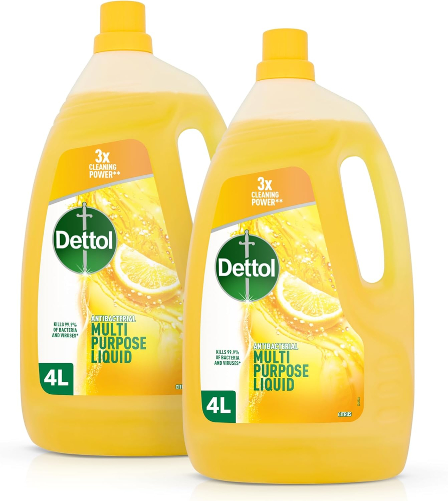 Dettol Citrus Surface Cleaner 2x4L - Multi-Purpose Antibacterial Disinfectant for Floors, Kitchen, Grease, Sinks - Powerful Household Cleaning Liquid