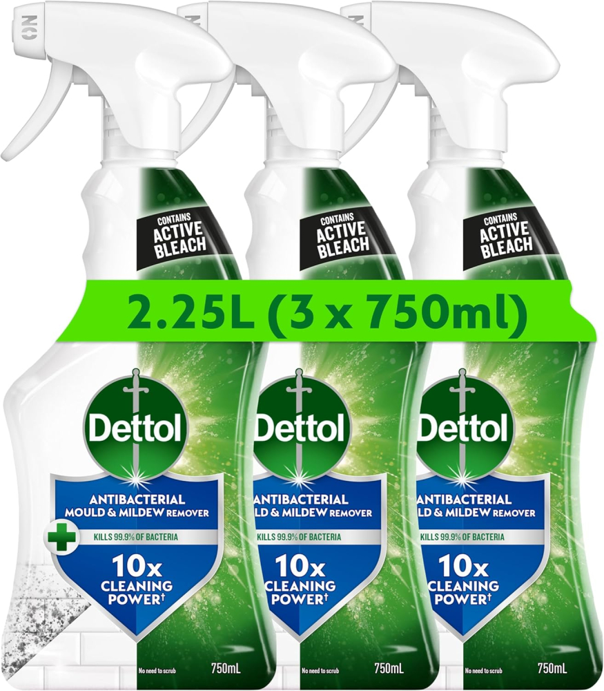 Dettol Mould Remover, Multipack of 3 X 750ml, Total 2.25L, Mould And Mildew Remover, Mould Spray, Bleach Spray, Bathroom Mould Remover, Antibacterial, Disinfectant, Household Cleaners