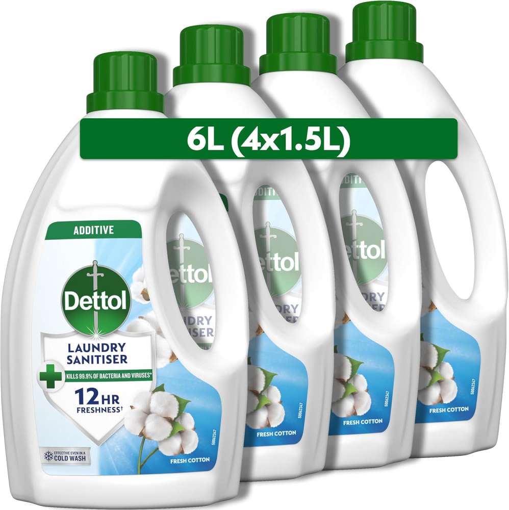 Dettol Laundry Sanitiser, Antibacterial, Fresh Cotton, 6L Total (1.5L x 4pck) 12hr Freshness, Removes Odour, Prevents colour fading, Kills 99.9 Percent of Bacteria