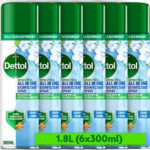 Dettol, Antibacterial All In One Disinfectant Spray, Crisp Linen, 1.8L (300ml x 6pck) Household Sanitiser, Hard Surfaces, Upholstery, No Wiping Required, Kills 99.9 Percent of Germs