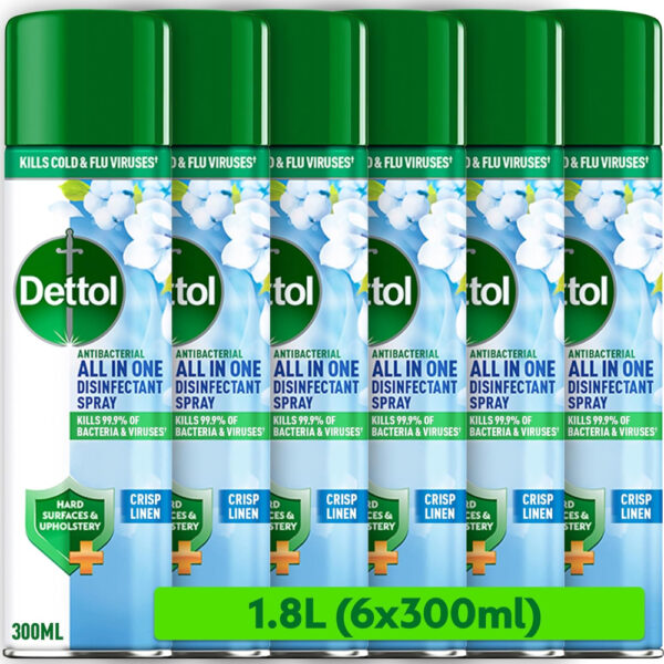 Dettol, Antibacterial All In One Disinfectant Spray, Crisp Linen, 1.8L (300ml x 6pck) Household Sanitiser, Hard Surfaces, Upholstery, No Wiping Required, Kills 99.9 Percent of Germs