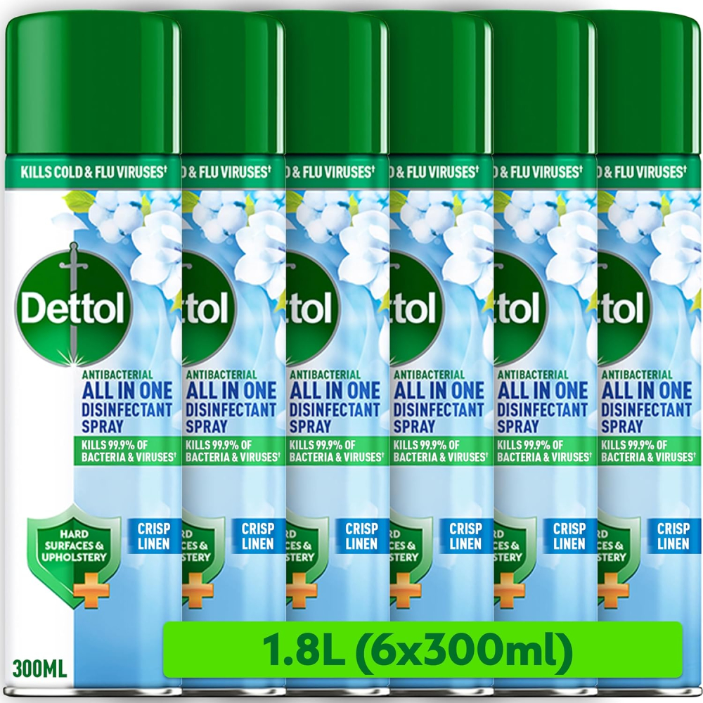 Dettol, Antibacterial All In One Disinfectant Spray, Crisp Linen, 1.8L (300ml x 6pck) Household Sanitiser, Hard Surfaces, Upholstery, No Wiping Required, Kills 99.9 Percent of Germs