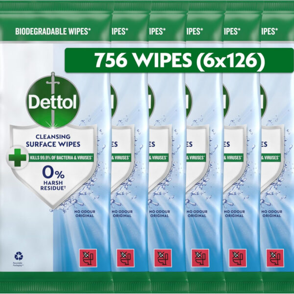 Dettol Antibacterial Cleansing Surface Wipes, Fragrance Free, 756 Wipes (126 x 6pck) Large Value, Disinfectant, Home Hygiene, Biodegradable, Kills 99.9 Percent of Germs