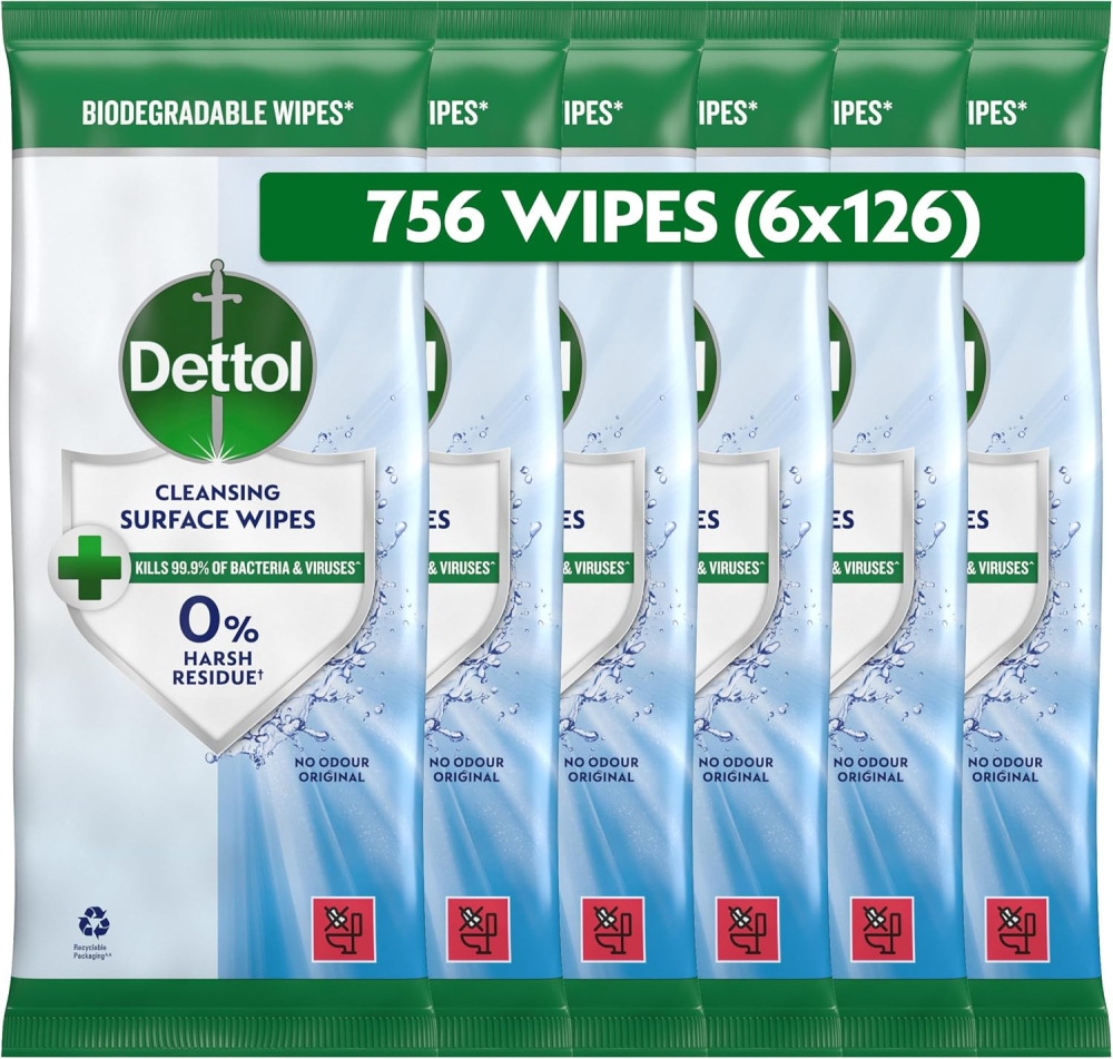 Dettol Antibacterial Cleansing Surface Wipes, Fragrance Free, 756 Wipes (126 x 6pck) Large Value, Disinfectant, Home Hygiene, Biodegradable, Kills 99.9 Percent of Germs