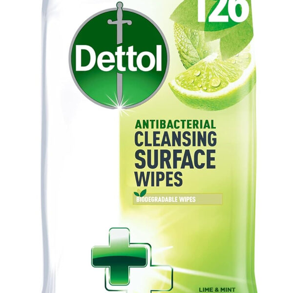 Dettol Antibacterial Lime & Mint Cleaning Wipes - 126 Count | Germ Protection, Fresh Scent, Multi-Surface Use, Convenient for Home, Office, Travel, Hygiene Essentials