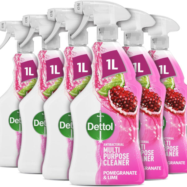 Dettol Antibacterial Disinfectant Spray, Pomegranate And Lime, 6-Pack (6X1L), Total 6L, Kills 99.99% Of Germs, Kitchen Household Cleaner, First Aid Box Essential