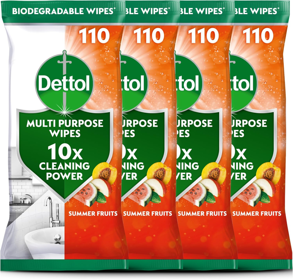 Dettol Antibacterial Multipurpose Disinfectant Wipes, Summer Fruit Scent, 4 Pack of 110 (Total 440), Germ Protection, Surface Cleaner, Hygienic, Convenient, Fresh Fragrance