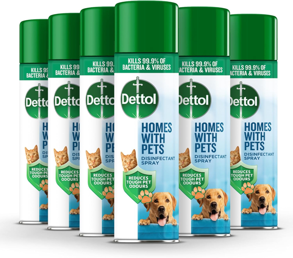 Dettol Homes With Pets Disinfectant Spray, Multipack Of 6 X 300ml, Total 1.8L, Cat Urine Odour Remover, Dog Spray, Pet Odour Eliminator, Dog Disinfectant, Antibacterial, Grooming, Dogs