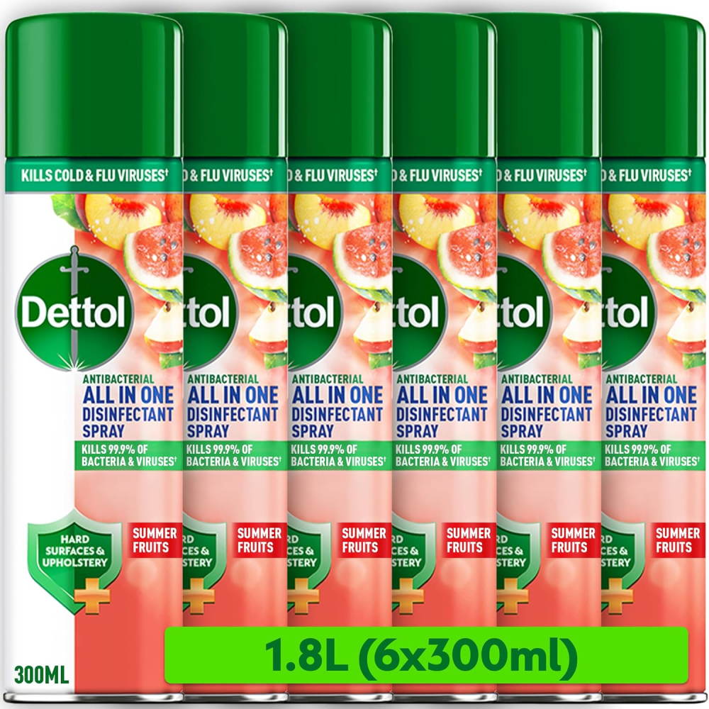 Dettol, Antibacterial All In One Disinfectant Spray, Summer Fruits, 1.8L (300ml x 6pck) Household Sanitiser, Hard Surfaces, Upholstery, No Wiping Required, Kills 99.9 Percent of Germs