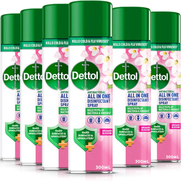 Dettol All In One Disinfectant Spray, Orchard Blossom, 6 x 300 ml Multipack, Fresh Pet & Shoe Sanitiser, Sofa Cleaner, Antibacterial Liquid, Ideal for Home Hygiene