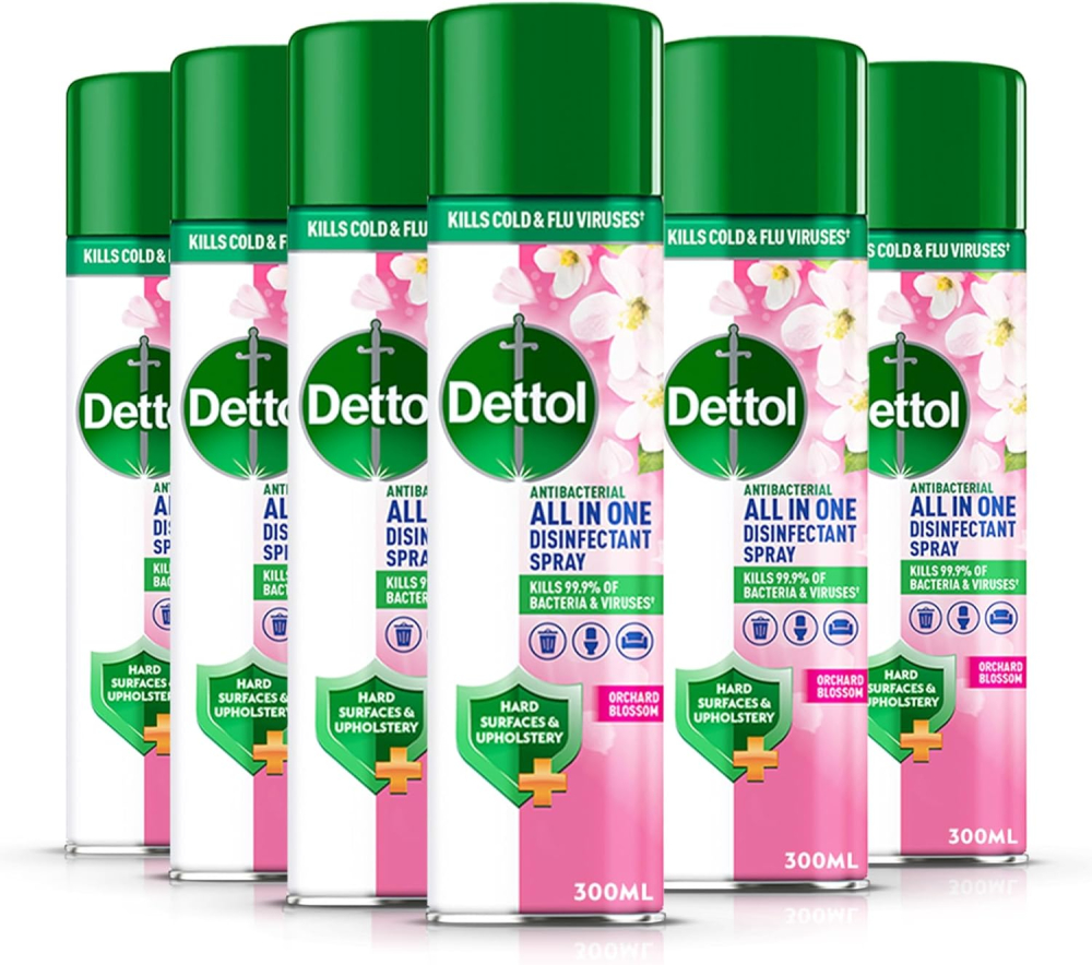 Dettol All In One Disinfectant Spray, Orchard Blossom, 6 x 300 ml Multipack, Fresh Pet & Shoe Sanitiser, Sofa Cleaner, Antibacterial Liquid, Ideal for Home Hygiene
