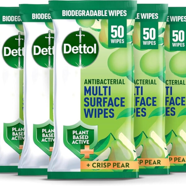 Dettol Antibacterial Multi Surface Cleaning Wipes, Crisp Pear, 350 Wipes (50 x 7pck) Plant-Based, Disinfectant, Biodegradable, Kills 99.9 Percent of Germs