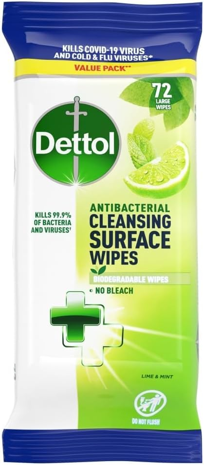 Dettol Antibacterial Surface Cleansing Wipes, Lime & Mint, 72 Large Wipes