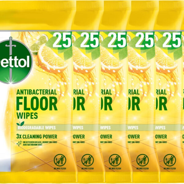 Dettol, Floor Cleaner, Antibacterial, Large Wipes, Citrus, 150 Wipes Total (25 x 6pck) Disinfectant, Home Hygiene, Biodegradable, Kills 99.9 Percent of Germs