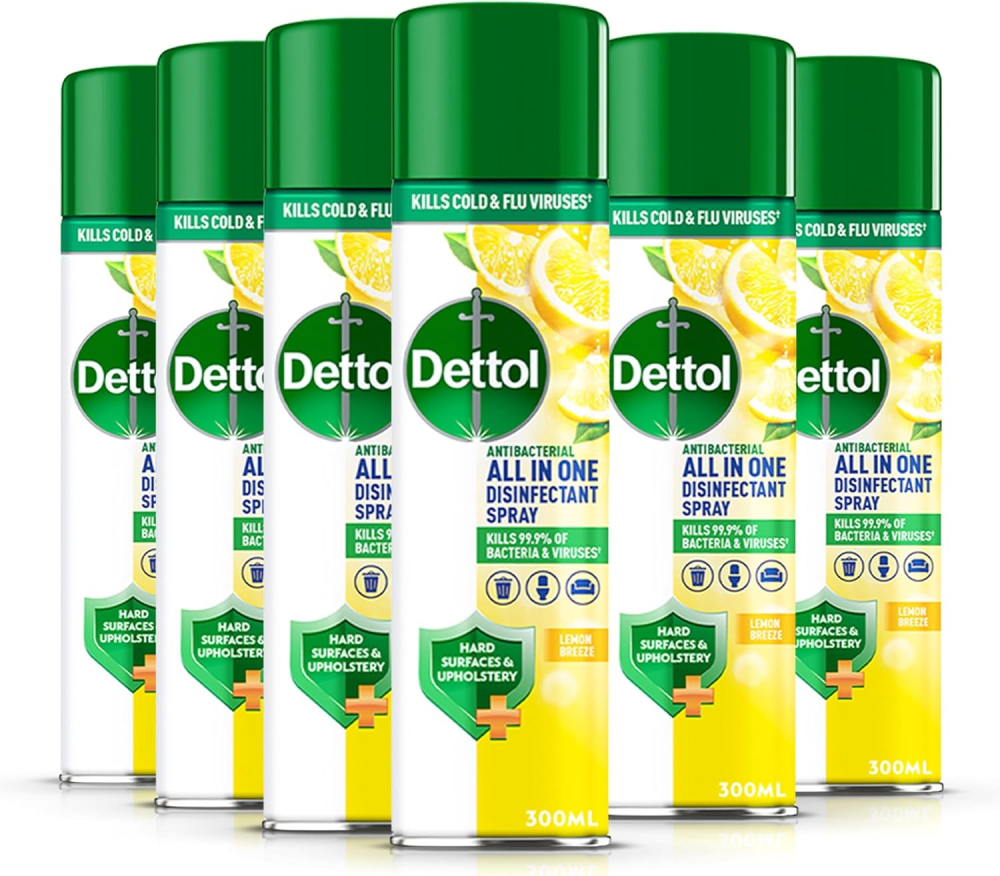 Dettol All-In-One Lemon Disinfectant Spray Multipack 6x300 ml - Fresh Pet, Shoe, Sofa Antibacterial Cleaner - Household Sanitizer Sprays & Liquids