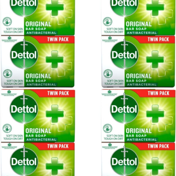 Dettol Soap Original Antibacterial Bar - 4 Twin Pack, 8 x 100g Antibacterial Hand & Body Soap Bar – Disinfects and Kills 99.99% of Germs, Ideal for Handwashing and Cleansing