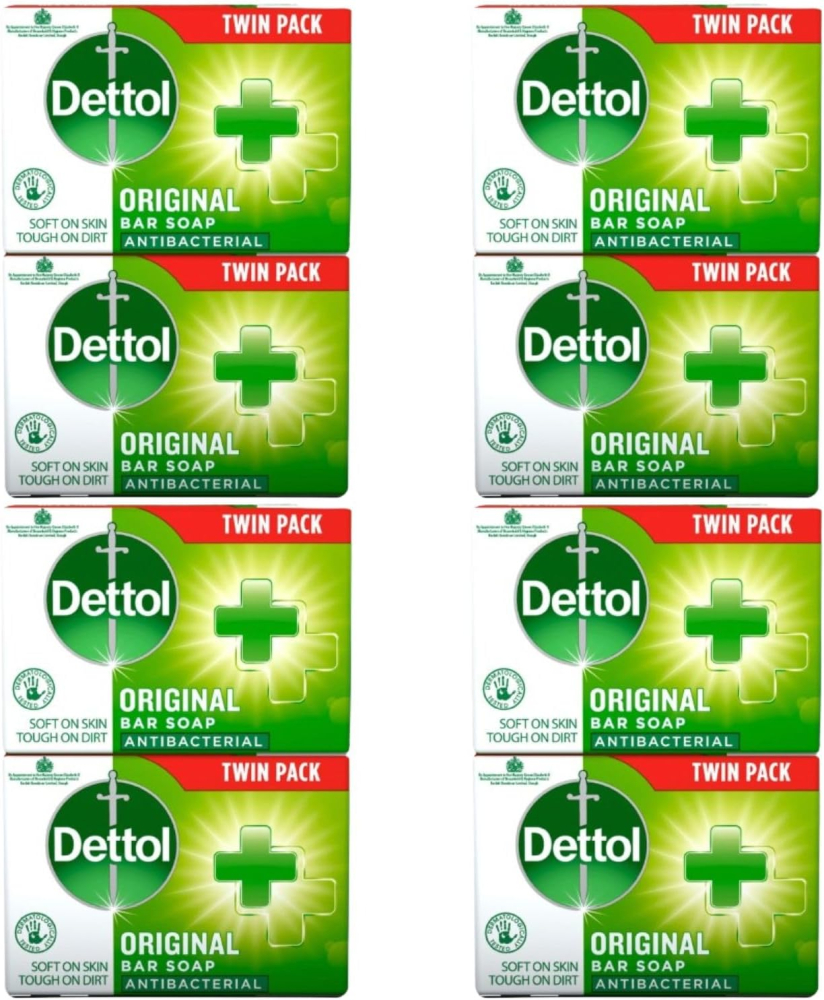Dettol Soap Original Antibacterial Bar - 4 Twin Pack, 8 x 100g Antibacterial Hand & Body Soap Bar – Disinfects and Kills 99.99% of Germs, Ideal for Handwashing and Cleansing