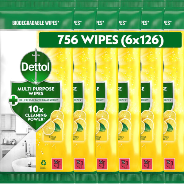 Dettol Antibacterial Multipurpose Cleaning Wipes, Citrus Zest, 756 Wipes (126 x 6pck) Disinfectant, Biodegradable, 10X Cleaning power vs Water alone, Kills 99.9 Percent of Germs