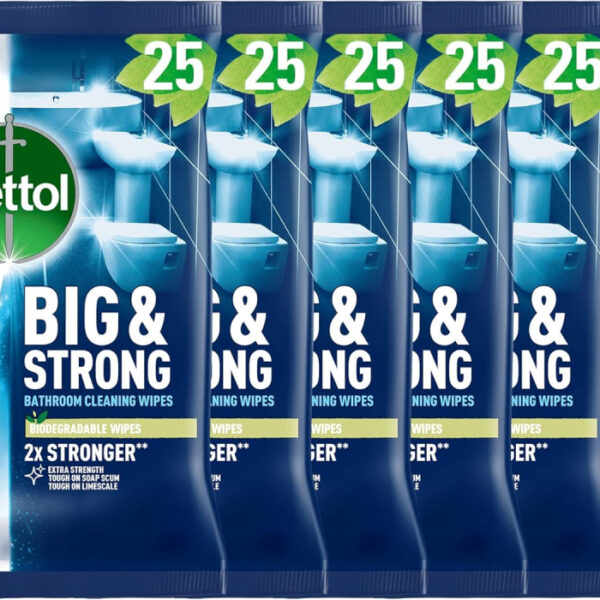 Dettol Big and Strong Bathroom Wipes, 25 Count (6 x 25, Total 150 Wipes), Extra Strength, Tough on Soap Scum and Limescale, Biodegradable