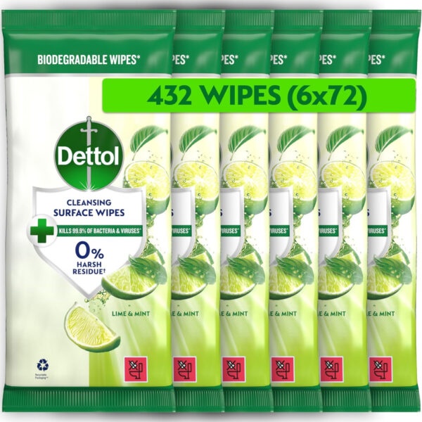 Dettol Antibacterial Cleansing Surface Wipes, Lime and Mint, 360 Wipes (72 x 6pc) Disinfectant, Home Hygiene, Biodegradable, Kills 99.9 Percent of Germs