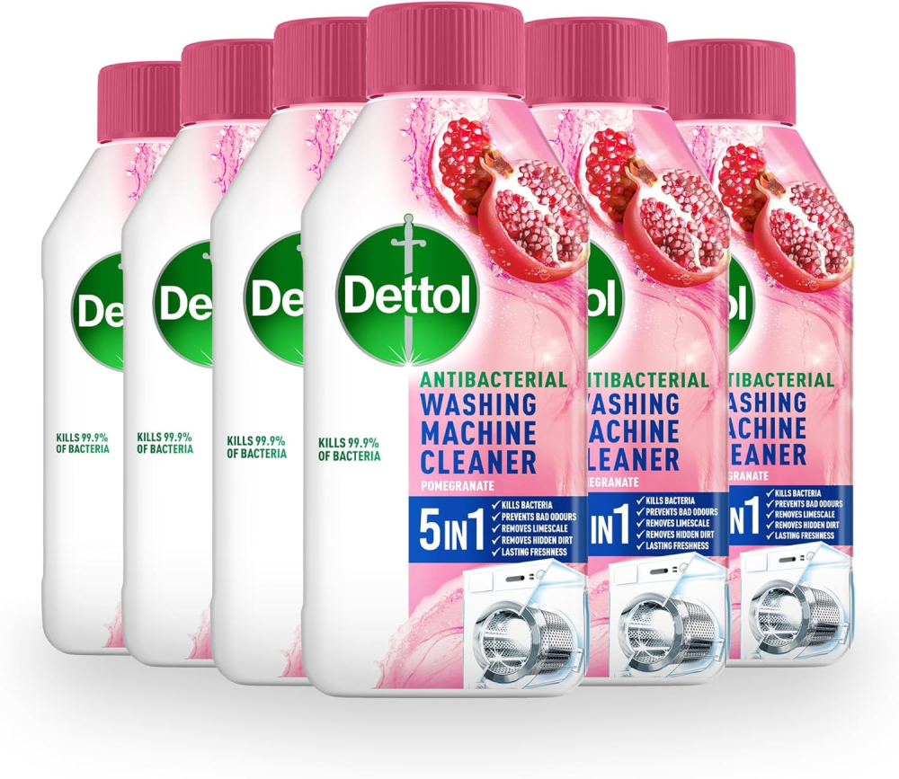Dettol Pomegranate Washing Machine Cleaner, Antibacterial Liquid, Eliminates Bacteria, Odour, Limescale, Dirt, Pack of 6 x 250 ml, Fresh Scent, Deep Clean, Protects Appliance, Easy Use