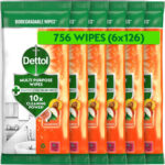 Dettol Antibacterial Multipurpose Cleaning Wipes, Summer Fruit, 756 Wipes (126 x 6pck) Disinfectant, Biodegradable, 10X Cleaning power vs Water alone, Kills 99.9 Percent of Germs