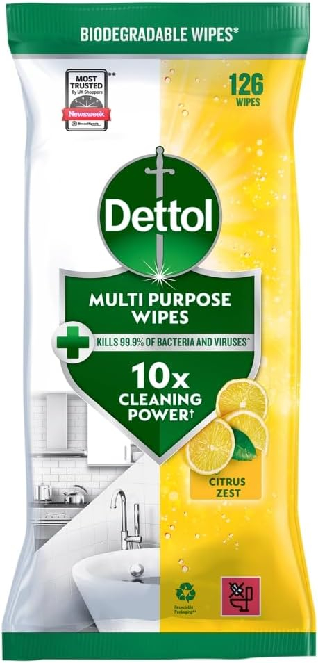 Dettol Antibacterial Multipurpose Disinfectant Wipes, Lemon Citrus Scent, 6 Pack of 126 (Total 756), Germ Protection, Surface Cleaner, Hygienic, Convenient, Fresh Fragrance