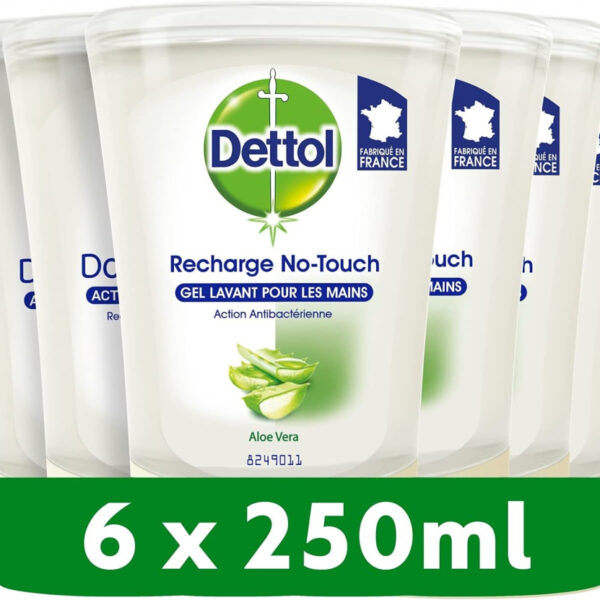 Dettol No-Touch Hands Free Refill Package (6 x 250ml Pack) Liquid Soap, Aloe Vera