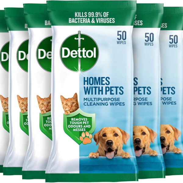 Dettol Multipurpose Cleaning Wipes, Homes with Pets, 400 Wipes (50 x 8pck) Removes Pet Odours and Messes, Dogs and Cats, Reduces Allergens, Kills 99.9 Percent of Germs
