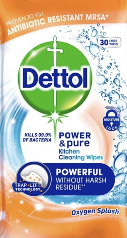 Dettol Power & Pure Multipurpose Kitchen Cleaning Wipes, Oxygen Splash - Pack of 30 Large Wipes