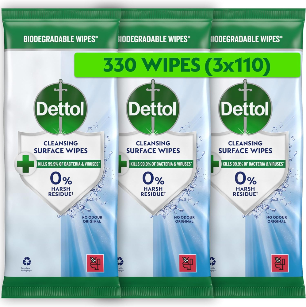 Dettol Antibacterial Cleansing Surface Wipes, Fragrance Free, 330 Wipes (110 x 3pck) Disinfectant, Home Hygiene, Biodegradable, Kills 99.9 Percent of Germs