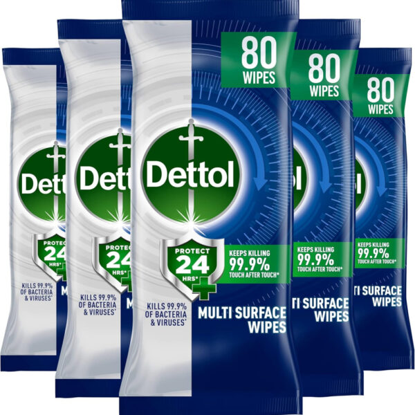 Dettol Protect 24 Multipurpose Antibacterial Wipes, 5 Pack of 80, Total 400, Long-Lasting Germ Protection, Ideal for Home, Office, Travel, First Aid Bag Essential